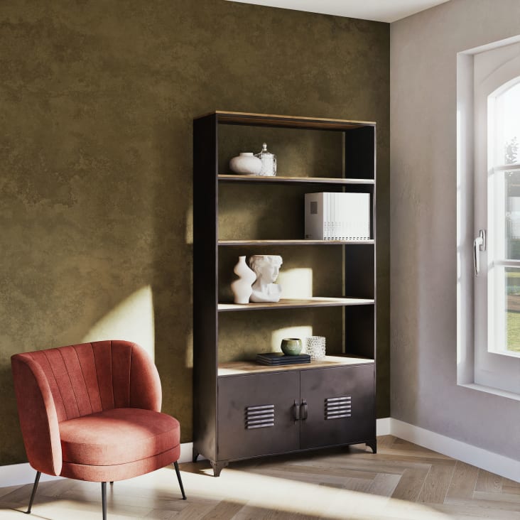 Maisons Du Monde Wayne - Biblioteca Con 2 Puertas Grises De Metal Y Mango Macizo