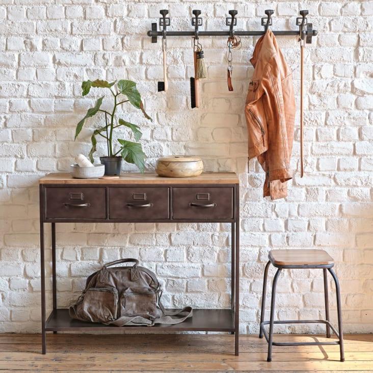 Maisons Du Monde Wayne - Consola Con 3 Cajones De Madera De Pino Macizo Y Metal Patinado Efecto Envejecido