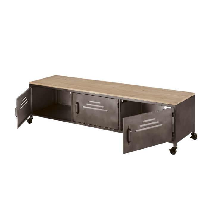 Maisons Du Monde Wayne - Mueble De TV Con 3 Puertas Y Ruedas Metal Gris Y Mango Macizo