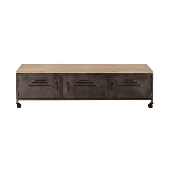 Maisons du Monde Wayne - Mueble de TV con 3 puertas y ruedas metal gris y mango macizo