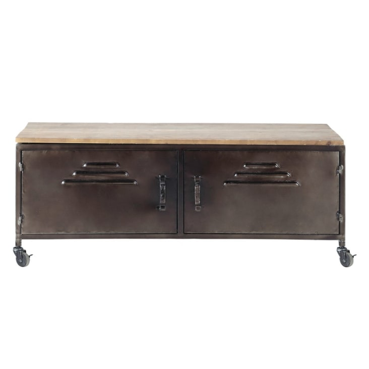 Maisons du Monde Wayne - Mueble de TV industrial con ruedas 2 puertas de metal y abeto