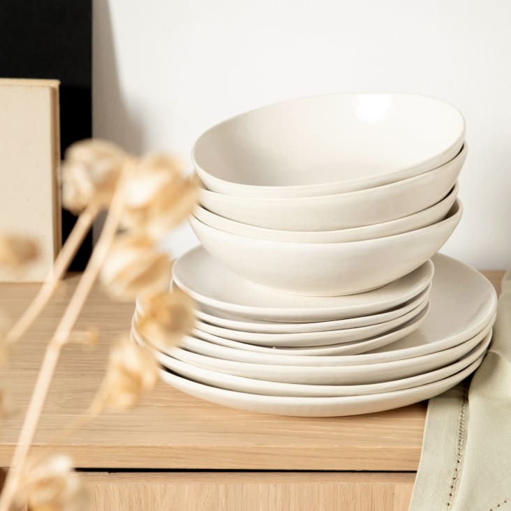 Maisons Du Monde Yellowstone - Vajilla De Cerámica Beige De 12 Piezas