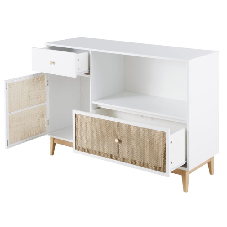Maisons Du Monde Ysee - Cómoda Compatible Con Cambiador Con 1 Puerta Y 2 Cajones En Blanco Y Rejilla De Ratán