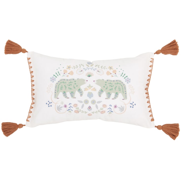 Maisons du Monde Zoe - Cojín de algodón orgánico con estampado de osos multicolor y pompones 25x40