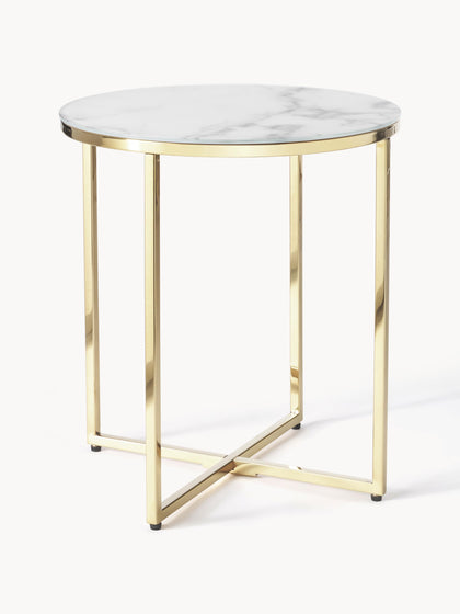 Westwing Mesa Auxiliar Redonda Con Tablero De Vidrio En Look Mármol Antigua