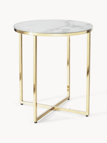 Westwing Mesa Auxiliar Redonda Con Tablero De Vidrio En Look Mármol Antigua
