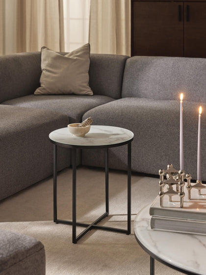 Westwing Mesa Auxiliar Redonda Con Tablero De Vidrio En Look Mármol Antigua