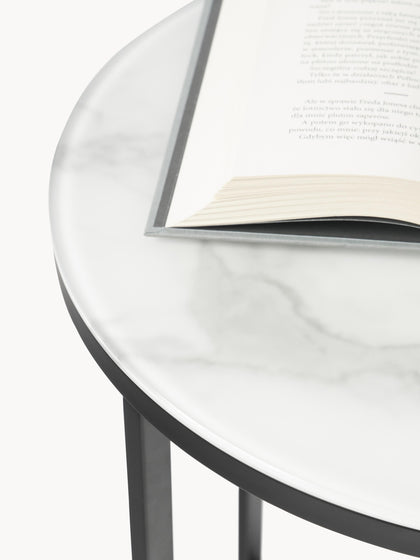 Westwing Mesa Auxiliar Redonda Con Tablero De Vidrio En Look Mármol Antigua