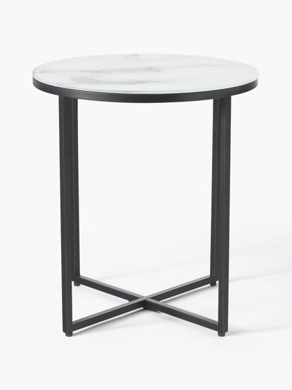 Westwing Mesa auxiliar redonda con tablero de vidrio en look mármol Antigua