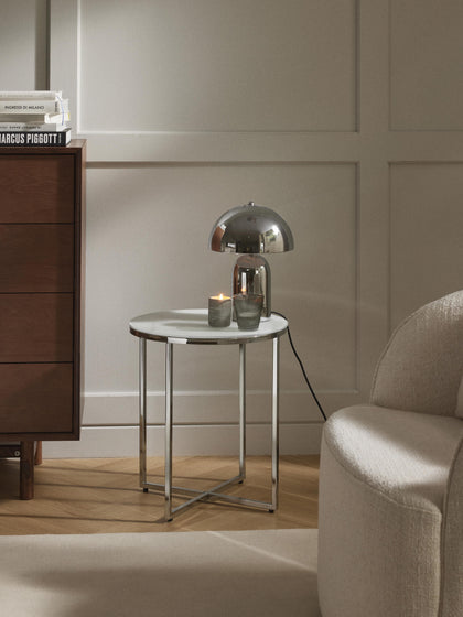 Westwing Mesa Auxiliar Redonda Con Tablero De Vidrio En Look Mármol Antigua