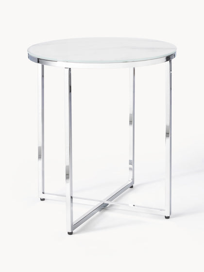 Westwing Mesa Auxiliar Redonda Con Tablero De Vidrio En Look Mármol Antigua