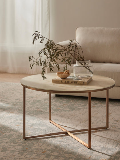 Westwing Mesa De Centro Redonda Con Tablero De Vidrio En Look Mármol Antigua