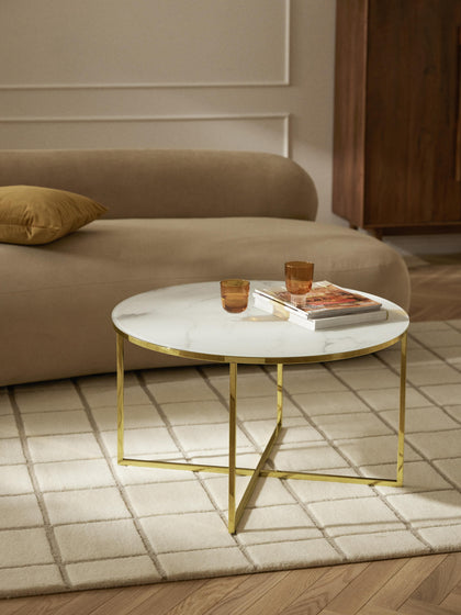 Westwing Mesa De Centro Redonda Con Tablero De Vidrio En Look Mármol Antigua