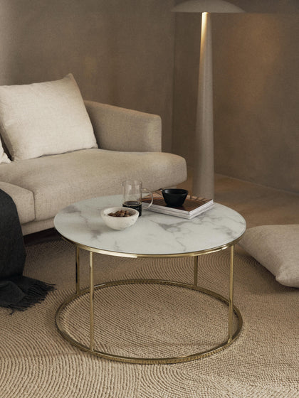 Westwing Mesa De Centro Redonda Con Tablero De Vidrio En Look Mármol Antigua