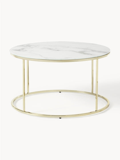 Westwing Mesa De Centro Redonda Con Tablero De Vidrio En Look Mármol Antigua