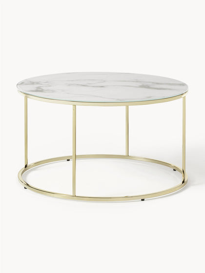 Westwing Mesa de centro redonda con tablero de vidrio en look mármol Antigua