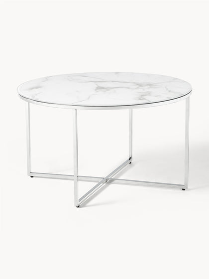 Westwing Mesa De Centro Redonda Con Tablero De Vidrio En Look Mármol Antigua