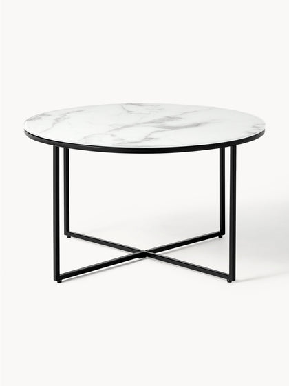 Westwing Mesa de centro redonda con tablero de vidrio en look mármol Antigua