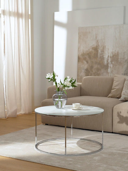 Westwing Mesa De Centro Redonda Con Tablero De Vidrio En Look Mármol Antigua