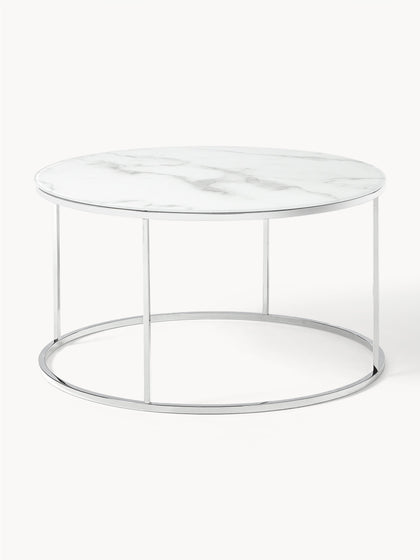 Westwing Mesa de centro redonda con tablero de vidrio en look mármol Antigua