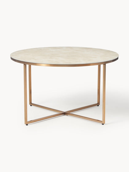 Westwing Mesa de centro redonda con tablero de vidrio en look mármol Antigua