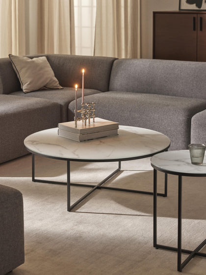 Westwing Mesa De Centro Redonda Grande Con Tablero De Vidrio En Look Mármol Antigua