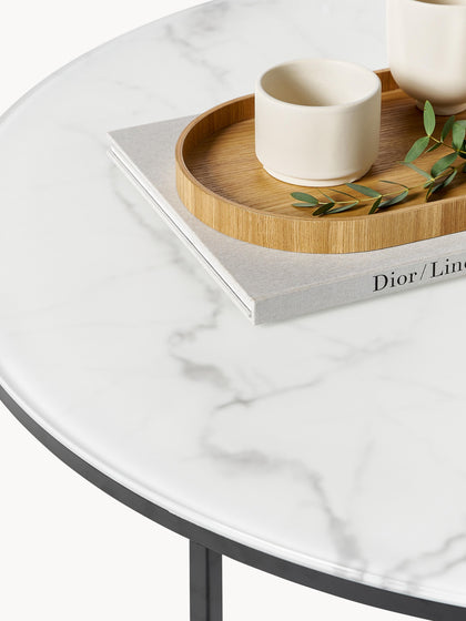 Westwing Mesa De Centro Redonda Grande Con Tablero De Vidrio En Look Mármol Antigua