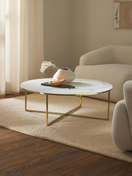 Westwing Mesa De Centro Redonda Grande Con Tablero De Vidrio En Look Mármol Antigua