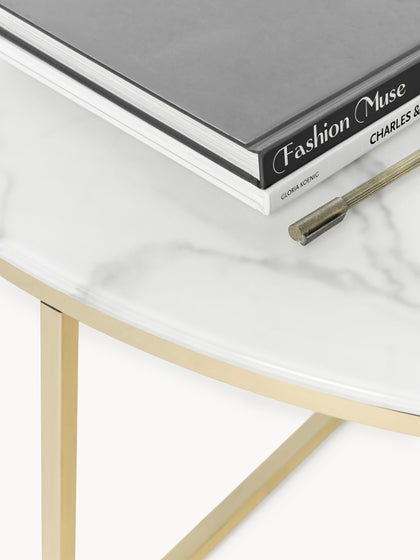 Westwing Mesa De Centro Redonda Grande Con Tablero De Vidrio En Look Mármol Antigua