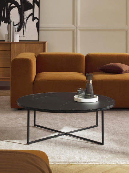 Westwing Mesa De Centro Redonda Grande Con Tablero De Vidrio En Look Mármol Antigua