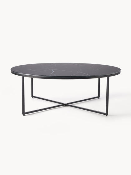 Westwing Mesa de centro redonda grande con tablero de vidrio en look mármol Antigua