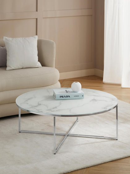 Westwing Mesa De Centro Redonda Grande Con Tablero De Vidrio En Look Mármol Antigua