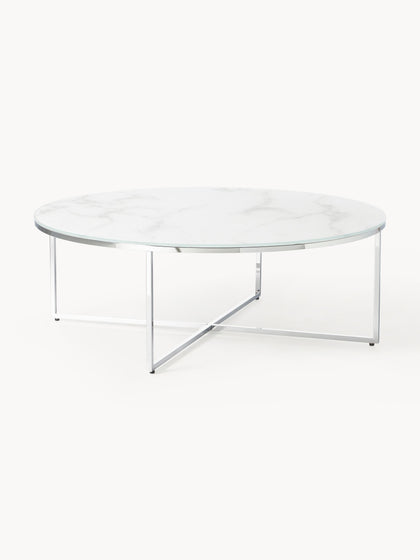 Westwing Mesa De Centro Redonda Grande Con Tablero De Vidrio En Look Mármol Antigua