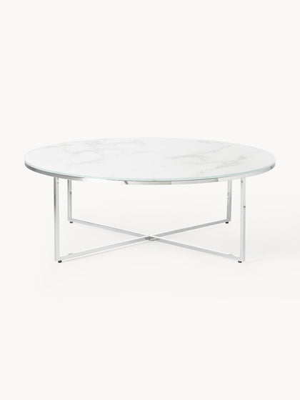 Westwing Mesa de centro redonda grande con tablero de vidrio en look mármol Antigua