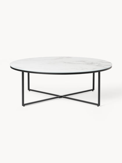 Westwing Mesa de centro redonda grande con tablero de vidrio en look mármol Antigua