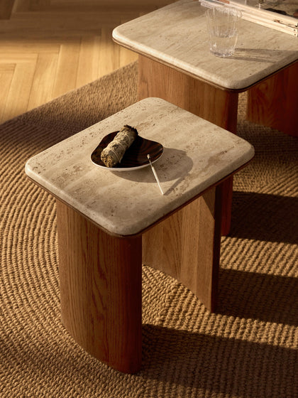 Westwing Mesas Auxiliares De Madera De Roble Con Tablero De Travertino Chandler 2 Uds