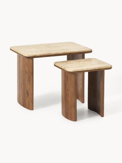 Westwing Mesas auxiliares de madera de roble con tablero de travertino Chandler 2 uds