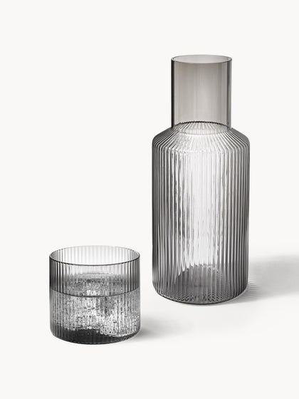 Westwing Set de jarra de agua pequeña con vaso de vidrio soplado Ripple 2 pzas