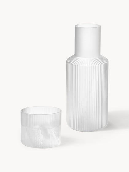 Westwing Set de jarra de agua pequeña con vaso de vidrio soplado Ripple 2 pzas