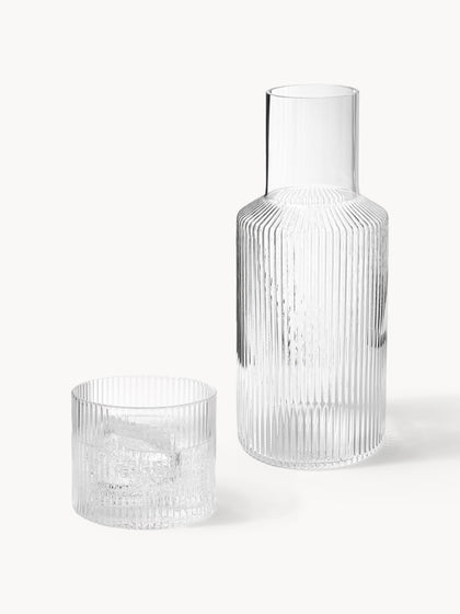 Westwing Set de jarra de agua pequeña con vaso de vidrio soplado Ripple 2 pzas
