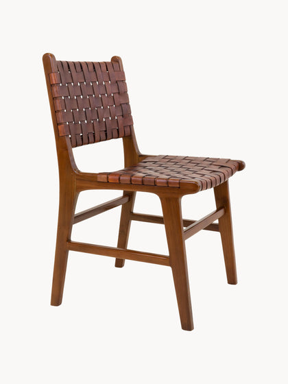 Westwing Silla De Cuero Y Madera De Teca Tejida Perugia