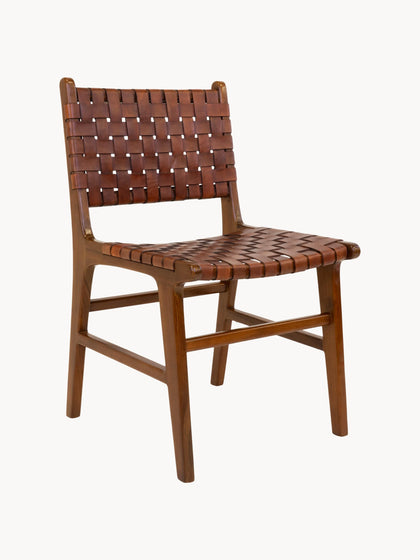 Westwing Silla de cuero y madera de teca tejida Perugia