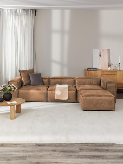 Westwing Sofá Rinconera Modular De Cuero Reciclado Con Reposapiés Izquierdo/derecho Lennon (4 plazas)