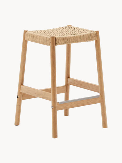 Westwing Taburete alto de madera de roble con asiento trenzado Yalia