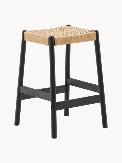 Westwing Taburete alto de madera de roble con asiento trenzado Yalia