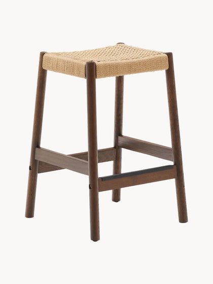 Westwing Taburete alto de madera de roble con asiento trenzado Yalia
