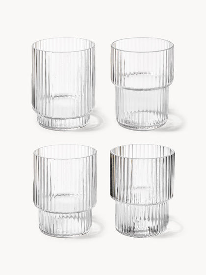 Westwing Vasos de agua de vidrio soplado con relieves Ripple 4 uds