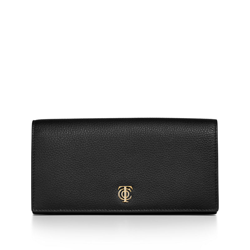 Tiffany & Co. T&CO. Cartera continental de solapa de piel color negro