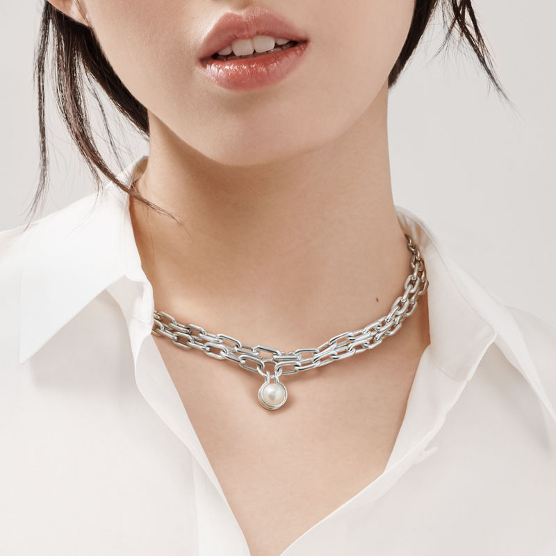 Tiffany & Co. Tiffany HardWear Collar De Perla De Agua Dulce De Plata De Ley 81 3 Cm De Plata De Ley