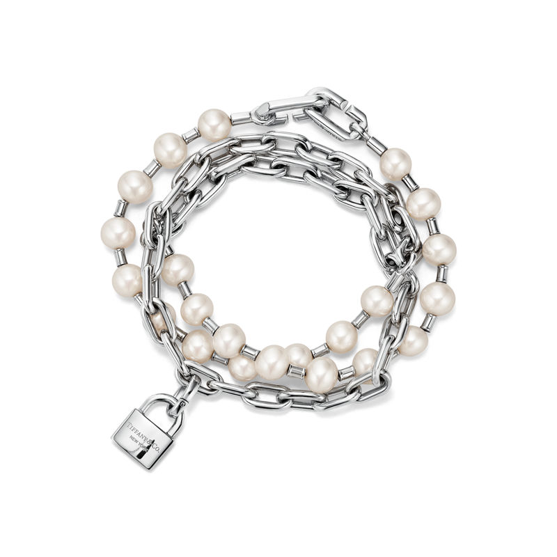 Tiffany & Co. Tiffany HardWear Pulsera con candado y perlas en plata tamaño mediano
